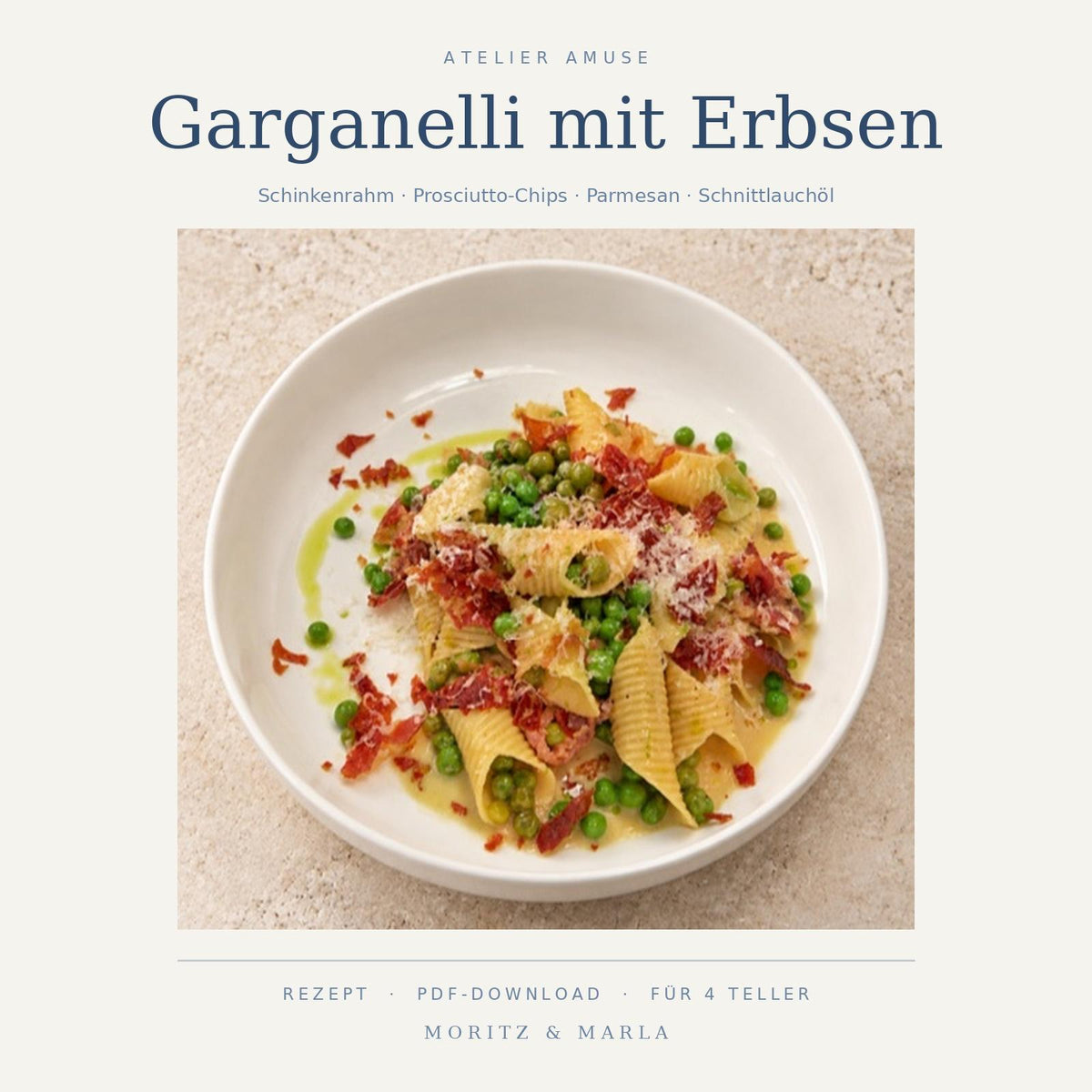 Garganelli mit Erbsen und Schinkenrahm – Rezept von Atelier Amuse (PDF)