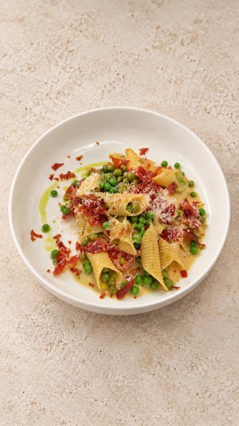 Garganelli mit Erbsen und Schinkenrahm – Rezept von Atelier Amuse (PDF)